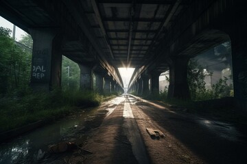 A deserted road beneath the bridge with no traffic. Generative AI