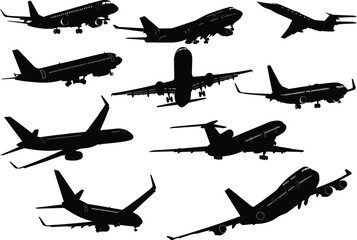 Ten  Airplane silhouettes. Vector illustration. - obrazy, fototapety, plakaty