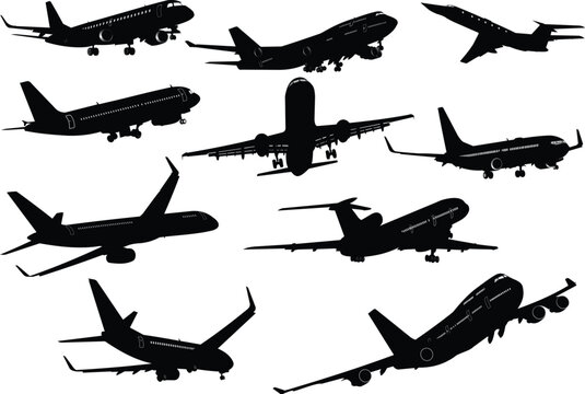 Ten  Airplane silhouettes. Vector illustration.