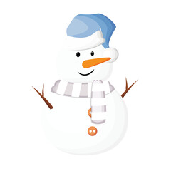 Snowman with blue Santa hat and scarf and carrot nose illustration vector perfect for winter
