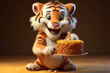 cute 3d character of a tiger and a cake