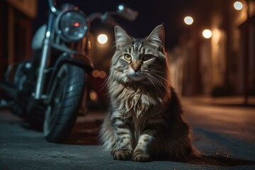 A cat on a motorcycle at night in a small town, looks at the camera, with the moon in the background. Generative AI