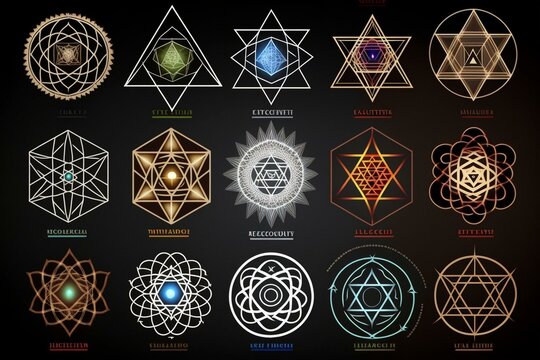 Sacred geometry symbols including merkaba and chakras. Generative AI