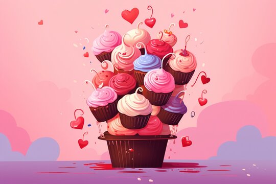banner with colorful cupcakes on isolated pink background