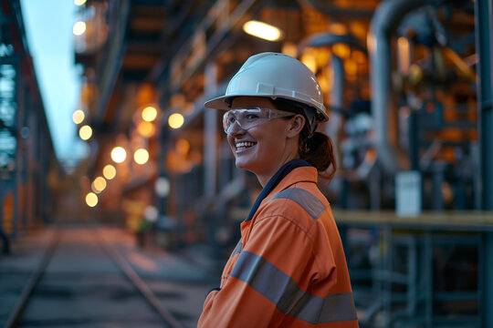 portrait of smiling female engineer on site wearing hard hat, high vis vest, and pp with machinery in background
