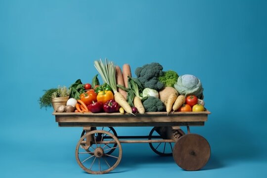 Vegetable-filled cart on blue backdrop. Generative AI