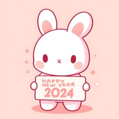 A cute rabbit holding a sign that says " Happy Newyear 2024 " pink tone.
