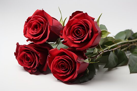 three velvety red roses, arranged diagonally on a crisp white background