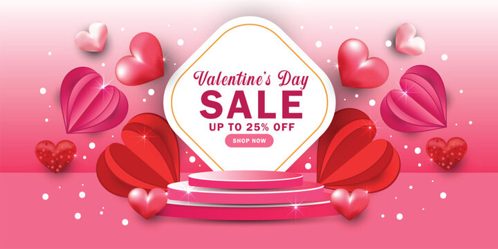 Happy Valentine's Day Sale Background with 3D heart, podium on Gradient background