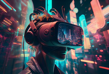 3D rendering of metaverse VR with cyberpunk background, networked gaming, scifi AI tech, and robotic simulations. Generative AI
