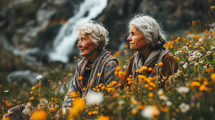 Two lovely senior female friends, surrounded by a field of spring flowers. Concept of active age