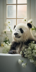 Panda in fish tank and flowers