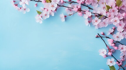 spring cherry blossom branches on turquoise blue background - obrazy, fototapety, plakaty