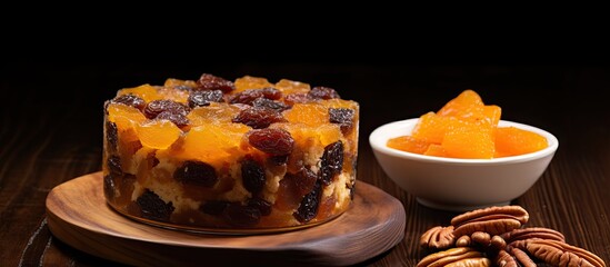 Classic dried fruit pudding on wooden surface