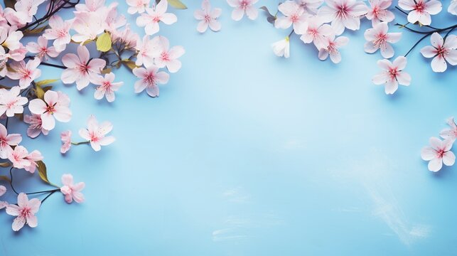 spring cherry blossom branches on turquoise blue background