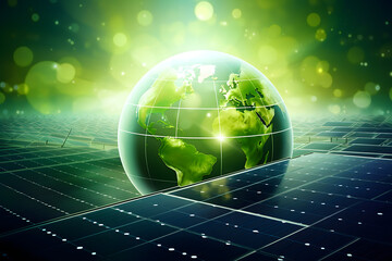 renewable energy light bulb with green energy, Earth Day or environment protection Hands protect forests that grow on the ground and help save the world, solar panels