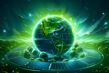 Obraz premium renewable energy light bulb with green energy, Earth Day or environment protection Hands protect forests that grow on the ground and help save the world, solar panels