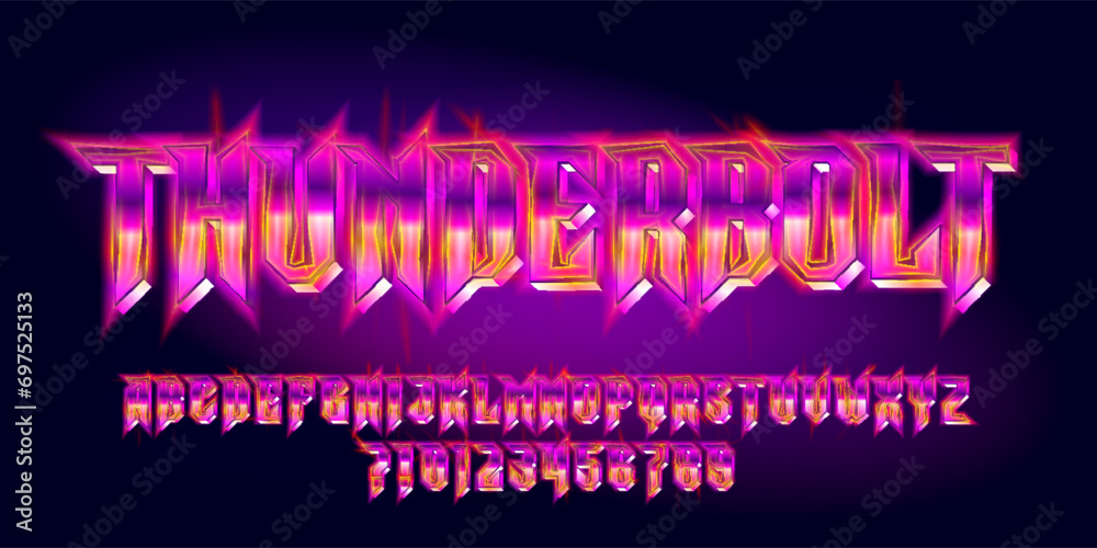 Fototapete thunderbolt alphabet font. glowing neon letters and numbers in heavy metal style. retro typescript f