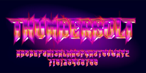 Thunderbolt alphabet font. Glowing neon letters and numbers in heavy metal style. Retro typescript for your typography design. - obrazy, fototapety, plakaty