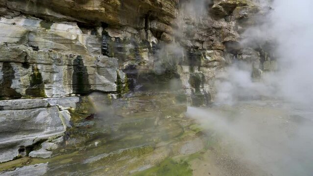 Cinematic gimbal shot of steam vents at Oyasukyo Gorge in Akita prefecture in Japan
