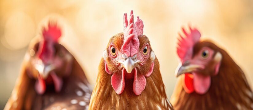 Close-up photo of domestic hens fed by hand, focusing on two hens' heads.