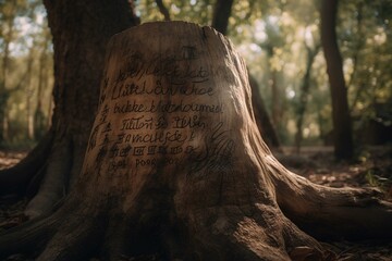 Text on tree trunk. Generative AI