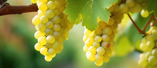 Close-up view of ripe white savagnin grapes ready for harvesting in green vineyards of Jura,...