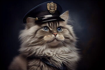 Portrait of a cute funny cat in police hat and tie.