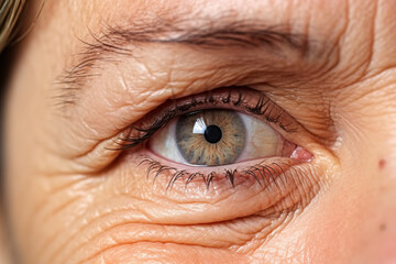 Close up of woman's wrinkled eye with hooded eyelid - obrazy, fototapety, plakaty