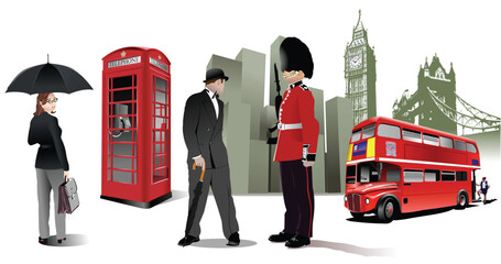 Few London images on city background. Vector illustration - obrazy, fototapety, plakaty