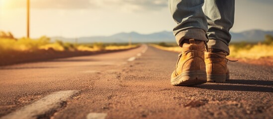 Close-up image of traveler's feet on the road.