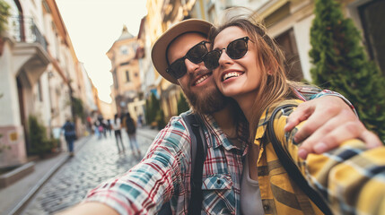 Tourist couple taking a selfie in the middle of the city during the holidays. Travel concept. - Powered by Adobe