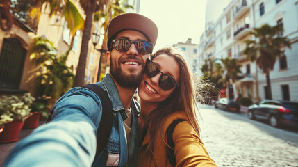 Tourist couple taking a selfie in the middle of the city during the holidays. Travel concept. - obrazy, fototapety, plakaty