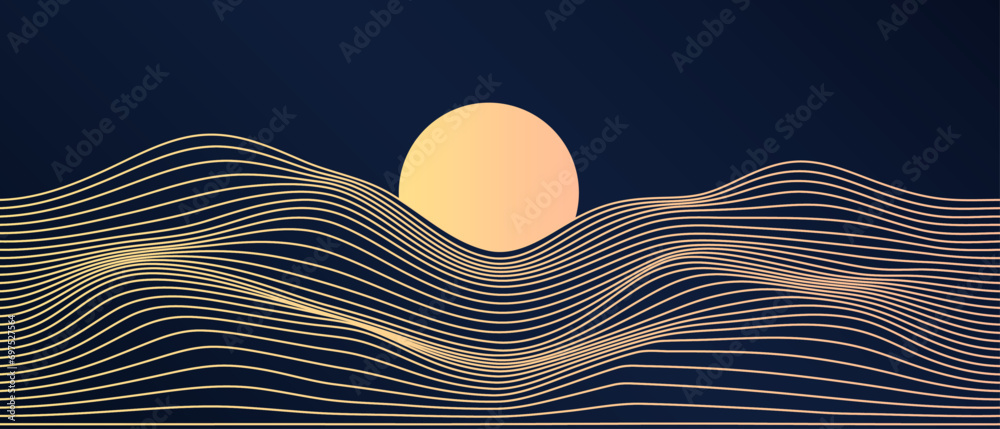 Poster abstract art mountain landscape with glowing lines waves pattern and sun isolated on dark blue backg