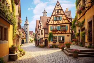 Fototapeta na wymiar Old town of Rothenburg ob der Tauber, Bavaria, Germany, A charming, cobblestoned European village with bright, quaint houses, AI Generated