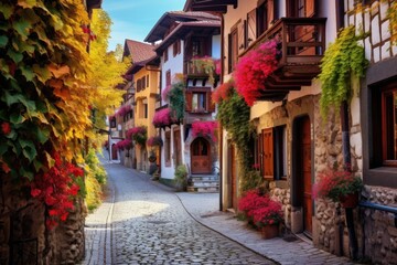 Fototapeta na wymiar Street in the old town of Petite France, Strasbourg, Alsace, France, A charming, cobblestoned European village with bright, quaint houses, AI Generated