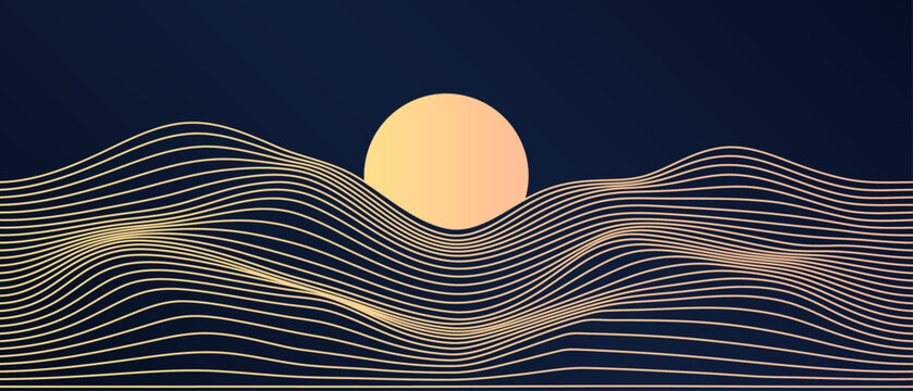 Abstract art mountain landscape with glowing lines waves pattern and sun isolated on dark blue background. Vector illustration 