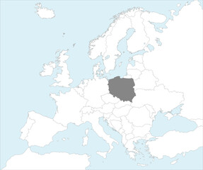 Gray CMYK national map of POLAND inside detailed white blank political map of European continent on blue background using Mollweide projection