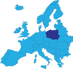 Dark blue CMYK national map of POLAND inside simplified blue blank political map of European continent on transparent background using Peters projection
