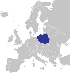 Blue CMYK national map of POLAND inside simplified gray blank political map of European continent on transparent background using Mercator projection