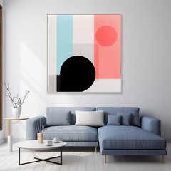 Abstract minimalist wall art composition in black, pink, white, blue and red colors. Geometric shapes, circles, lines and squares design. Artistic paint textures 