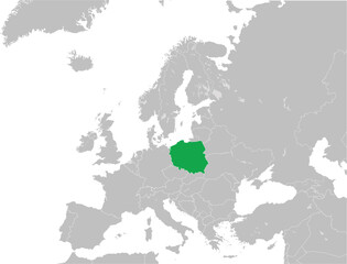 Green CMYK national map of POLAND inside detailed gray blank political map of European continent with lakes on transparent background using Mercator projection