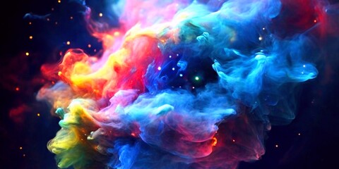 Realistic rainbow smoke nebula, with flashes of supernova blue light