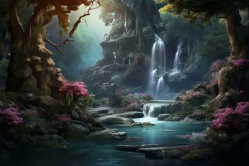 Imaginative scene featuring waterfalls, magical woodland, ethereal trees; digital artwork for wallpapers. Generative AI