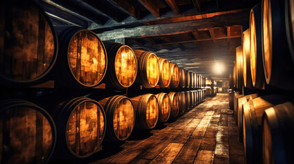 Winery, wine cellar with wooden wine barrels. Wine barrel storage, wine, barrel, alcohol, drinks and drinking. Cognac, brandy, whiskey in oak barrels
