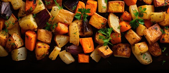 Closeup top view of roasted root vegetables: parsnip, carrot, and sweet potato. - obrazy, fototapety, plakaty