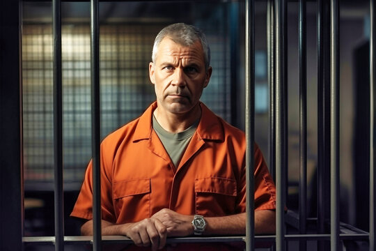 An elderly criminal in an orange uniform sits on a prison bed and thinks about freedom. A guilty prisoner in a pre-trial detention center or correctional facility.