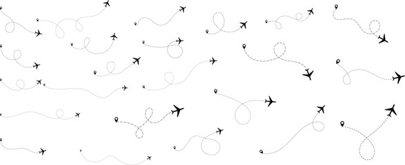 Airplane routes set. Plane paths. Aircraft tracking, planes, travel, map pins, location pins. Vector illustration. - obrazy, fototapety, plakaty