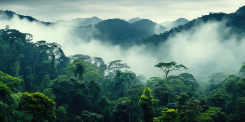 panorama of the rainforest tree tops in the fog