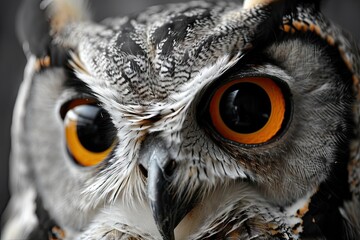 Captivating close up portrait of owl showcasing intense gaze sharp beak and intricate plumage. Symbol of wisdom and prowess is portrayed with brown feathers creating beautiful contrast dark background - obrazy, fototapety, plakaty